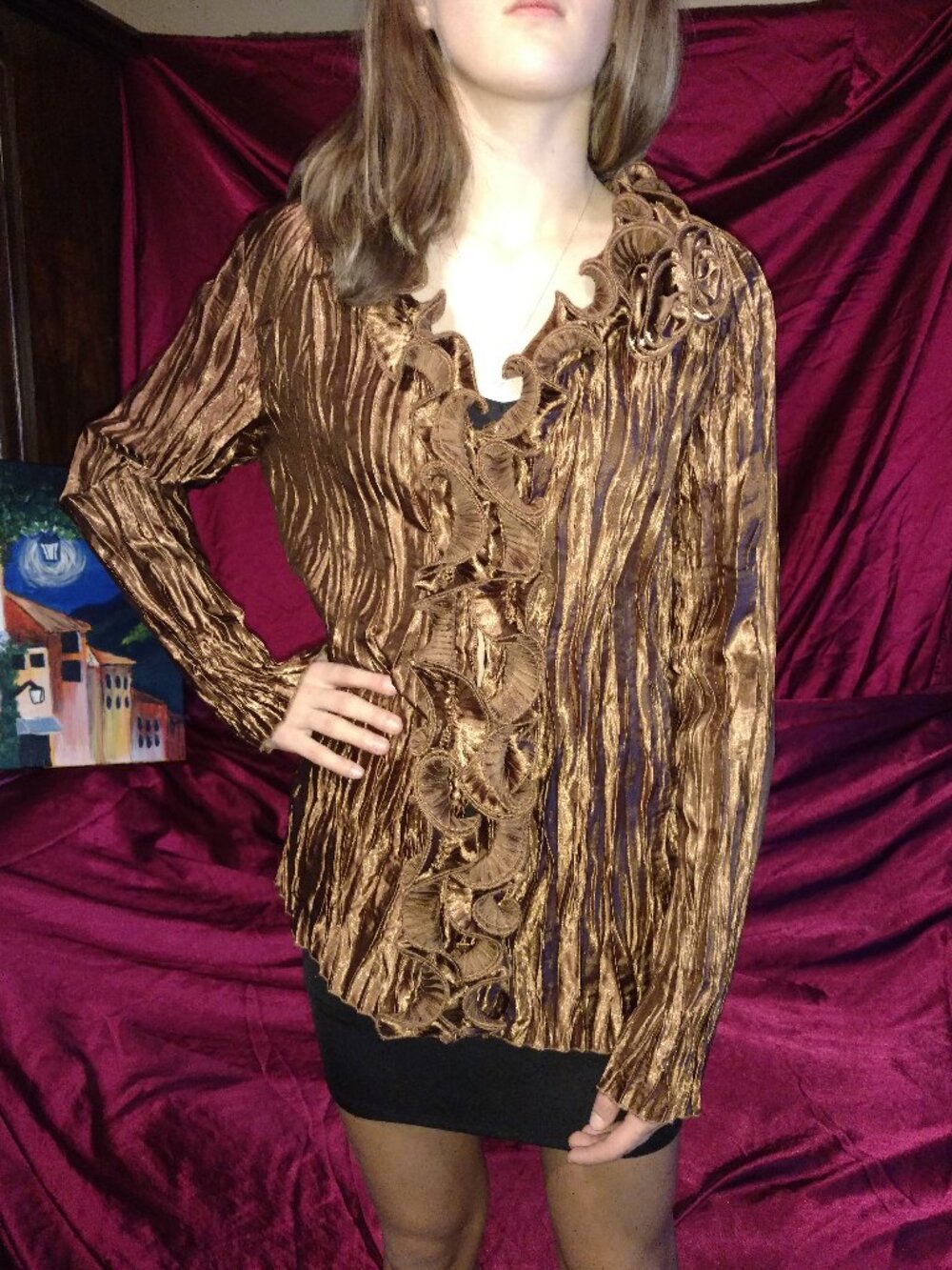 VINTAGE Toffee Apple Bronze Satin Ruffle Blouse Sm/Med